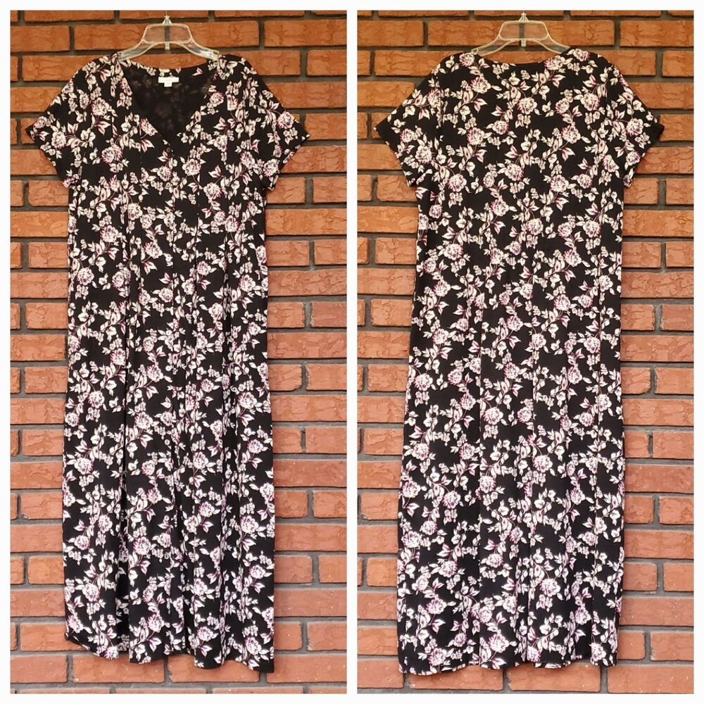 J Jill Button Front Maxi Dress Sz Large Black Pink Floral Pima Cotton Blend Knit - Picture 5 of 11